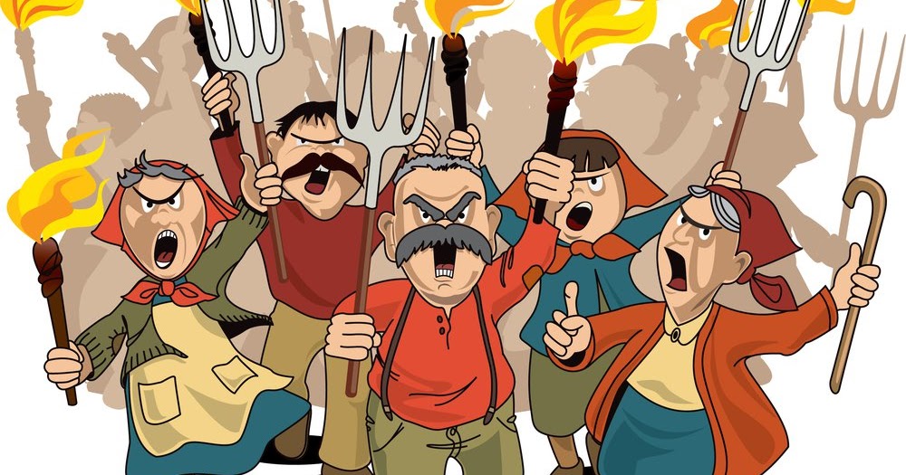 Angry villagers holding torches and pitchforks in protest.