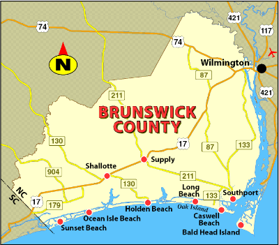 Map of the Brunswick County with Beaches and More