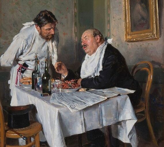 A Man Dining and Talking to Waiter with a Portrait on Wall