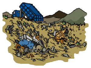 Landfill, Debris and a Dump Truck Dumping Garbage