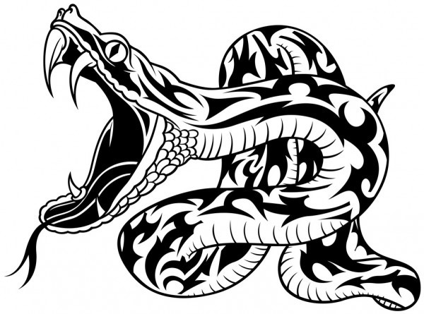 A Black and White Large Snake Drawing with Teeth