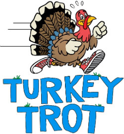 Turkey Trot logo with a cartoon Turkey